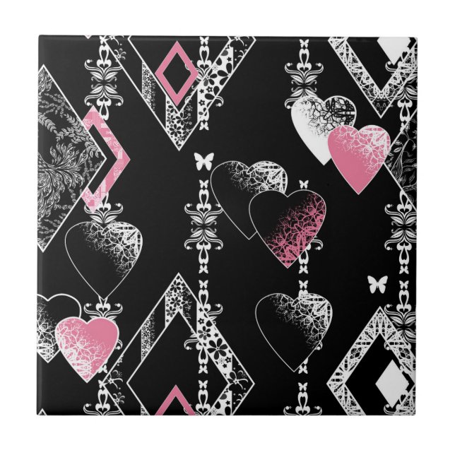Seamless Valentines Day love black pattern hearts Ceramic Tile (Front)