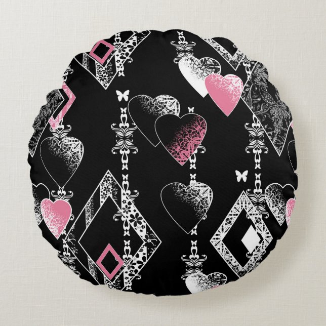 Seamless Valentines Day love black pattern hearts Round Pillow (Front)