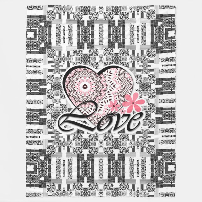 Seamless Valentine's Day Love gray white red patte Fleece Blanket (Front)