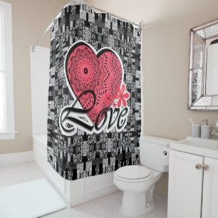 Seamless Valentine's Day Love gray white red patte Shower Curtain