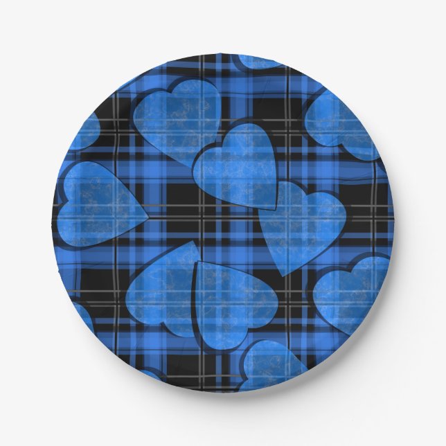 Seamless Valentines Day navy hearts checkered plai Paper Plates (Front)