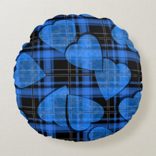 Seamless Valentines Day navy hearts checkered plai Round Pillow