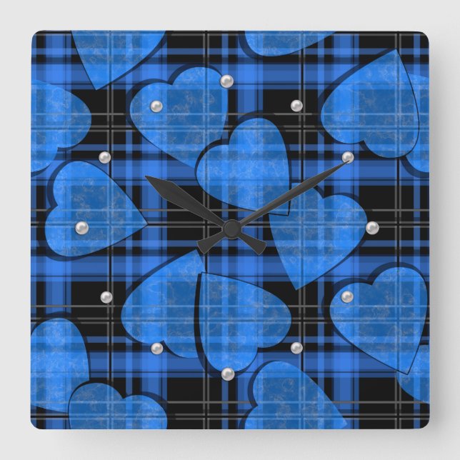 Seamless Valentines Day navy hearts checkered plai Square Wall Clock (Front)