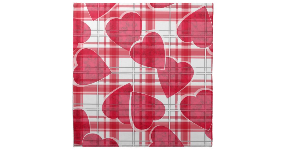 Seamless Valentines Day Red Hearts Checkered Plaid Cloth Napkin