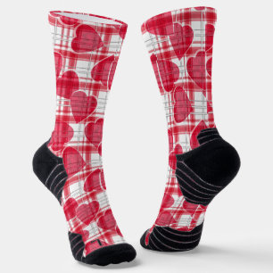 Seamless Valentines Day red hearts checkered plaid Socks