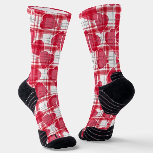 Seamless Valentines Day red hearts checkered plaid Socks (Angled)