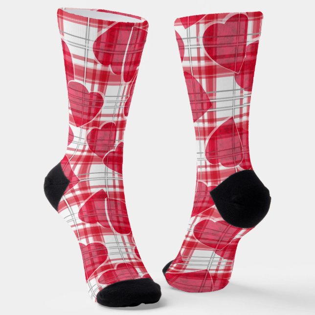 Seamless Valentines Day red hearts checkered plaid Socks (Angled)