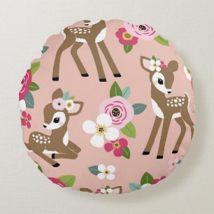 Seamless vintage pattern with cute vintage fawn on round pillow