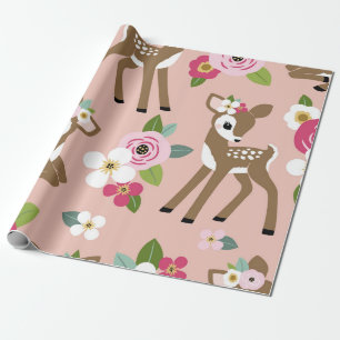 Seamless vintage pattern with cute vintage fawn on wrapping paper