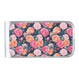 Seamless Vintage Rose Floral Pattern-80037  Silver Finish Money Clip