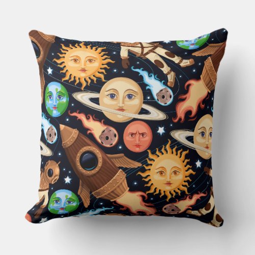 Seamless Vintage Space Pattern Throw Pillow