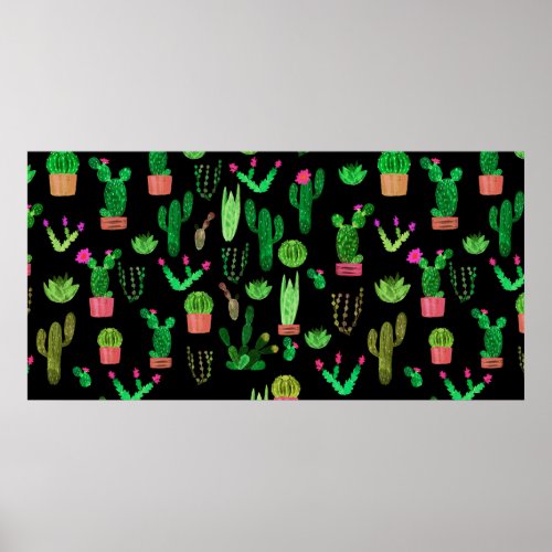 Seamless watercolor cactuses plant pattern backgro poster