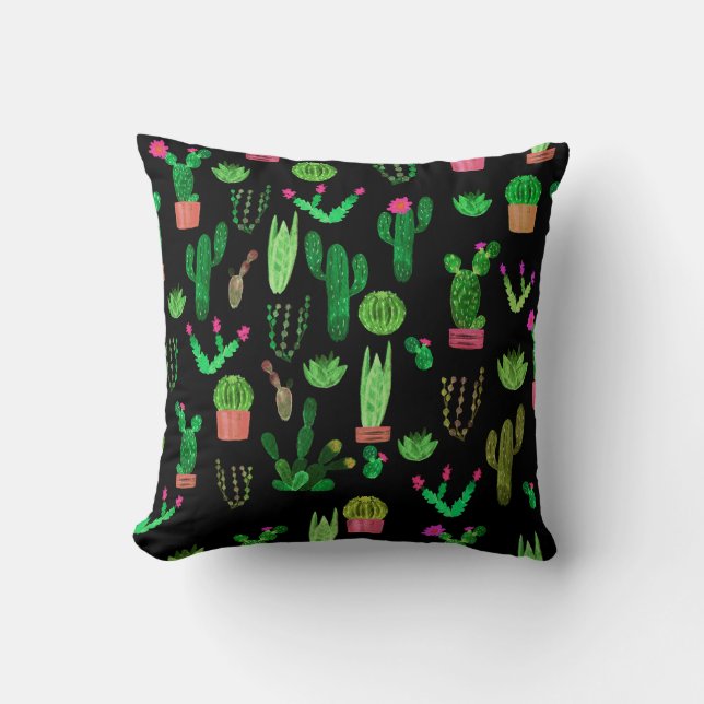Seamless watercolor cactuses plant pattern backgro throw pillow (Front)