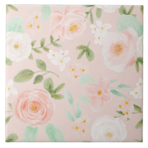 Seamless Watercolor Floral Pink and Peach Ceramic Tile
