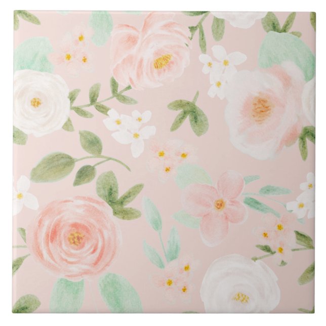 Seamless Watercolor Floral Pink and Peach Ceramic Tile (Front)