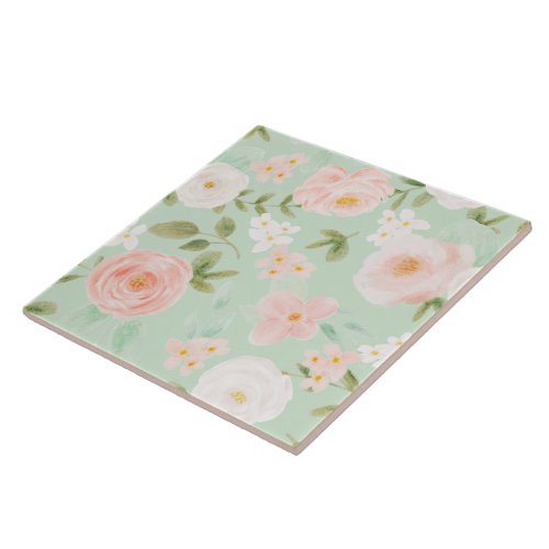 Seamless Watercolor Floral Pink and Peach Ceramic Tile