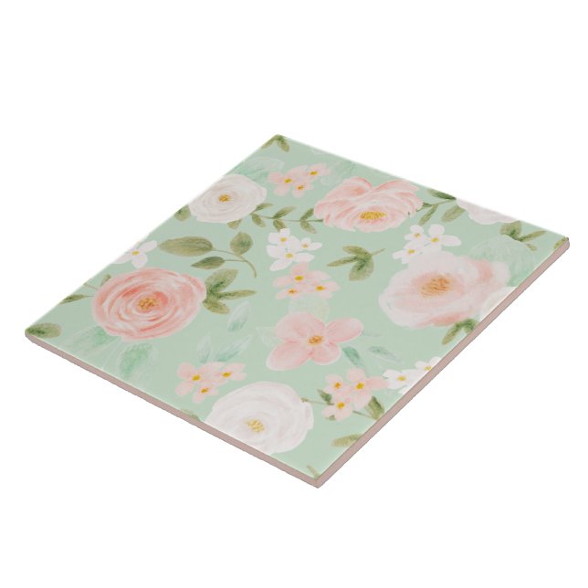 Seamless Watercolor Floral Pink and Peach Ceramic Tile (Side)