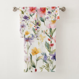 Seamless watercolor flowers pattern bath towel set