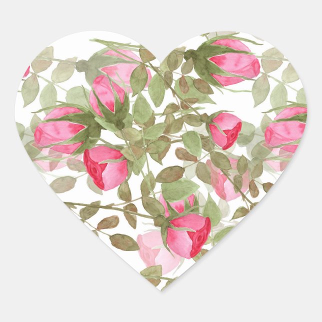 Seamless watercolor flowers pink roses floral  heart sticker (Front)