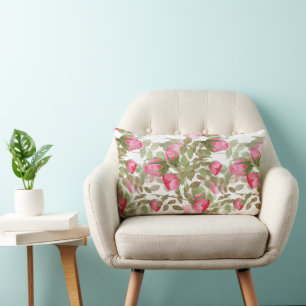 Seamless watercolor flowers pink roses floral lumbar pillow