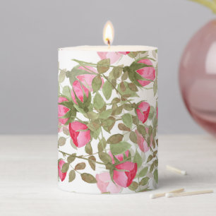 Seamless watercolor flowers pink roses floral pillar candle