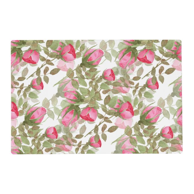 Seamless watercolor flowers pink roses floral  placemat (Front)