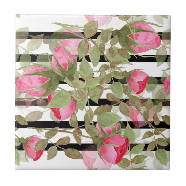 Seamless watercolor flowers pink roses floral roma ceramic tile (Front)
