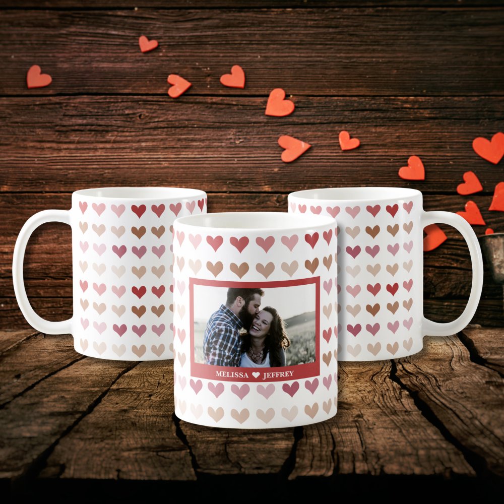 Discover Seamless Watercolor Heart Pattern Custom Photo and Names Coffee Mug