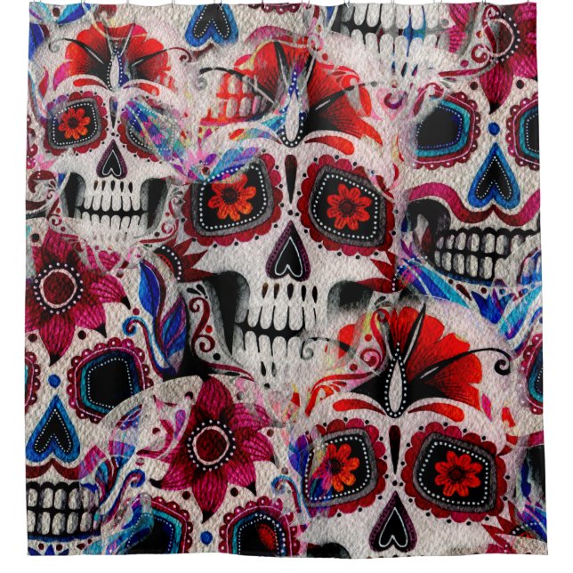 Seamless watercolor pattern of sugar skulls.  shower curtain (Front)
