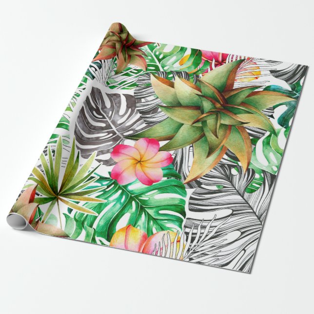 Seamless watercolor pattern of tropical leaves.  wrapping paper (Unrolled)