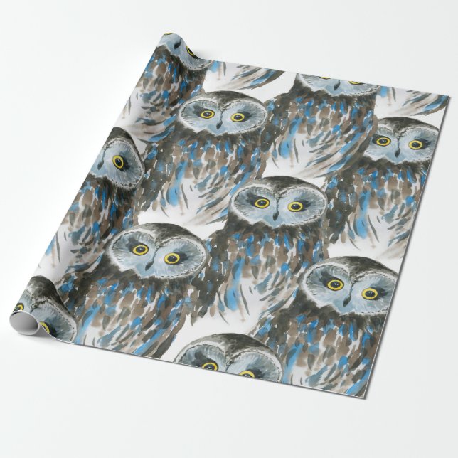 Seamless watercolor pattern with big owl wrapping paper (Unrolled)