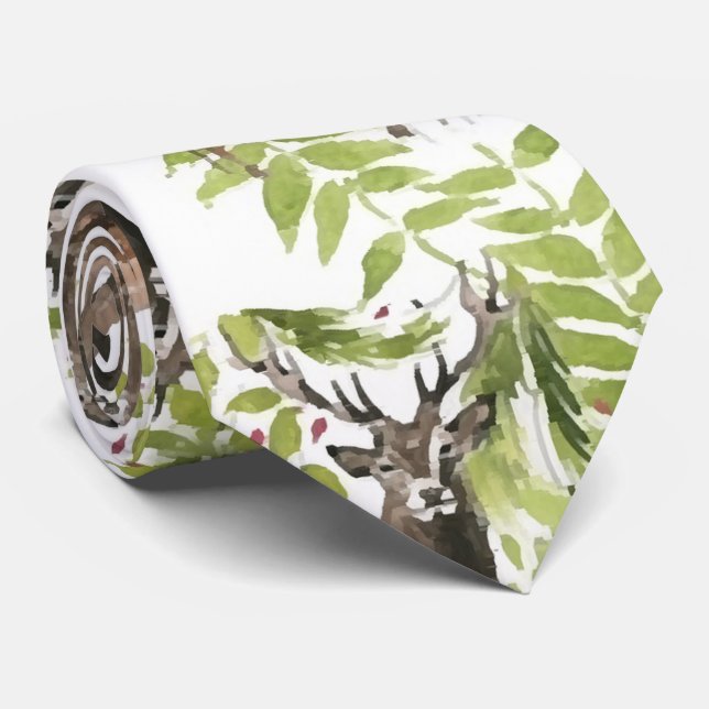 seamless watercolor pattern with deer on leaves  neck tie (Rolled)