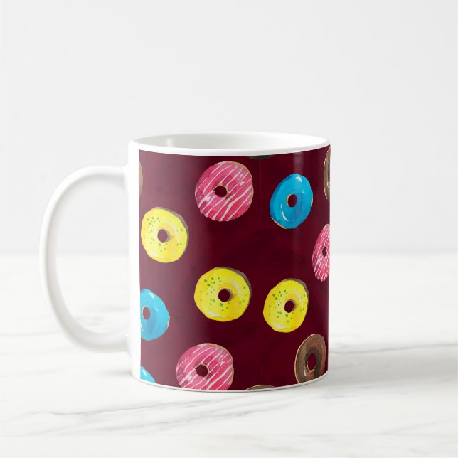 Seamless watercolor pattern with donuts on ruby coffee mug (Left)