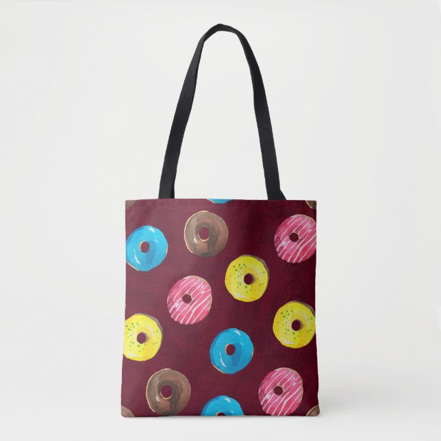 Seamless watercolor pattern with donuts on ruby tote bag (Front)