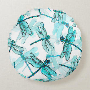 Seamless watercolor pattern with elegant dragonfly round pillow