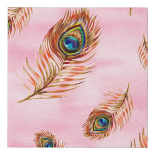 Seamless watercolor pattern with gold peacock feat faux canvas print