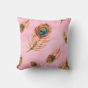 Seamless watercolor pattern with gold peacock feat throw pillow