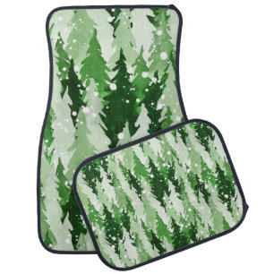 Seamless watercolor pattern with green pine trees car floor mat