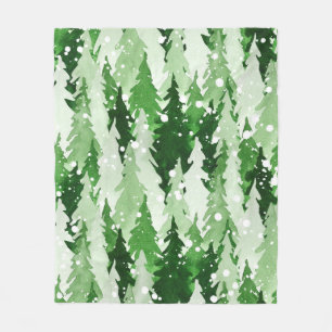 Seamless watercolor pattern with green pine trees fleece blanket