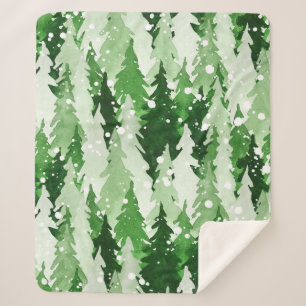 Seamless watercolor pattern with green pine trees sherpa blanket