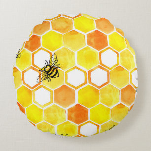 Seamless watercolor pattern with honeycombs and li round pillow