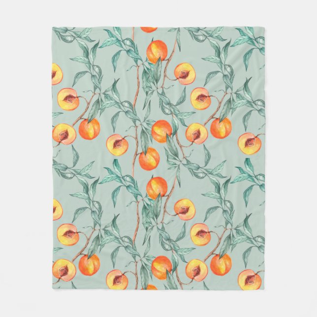 Seamless watercolor pattern with peaches and branc fleece blanket (Front)