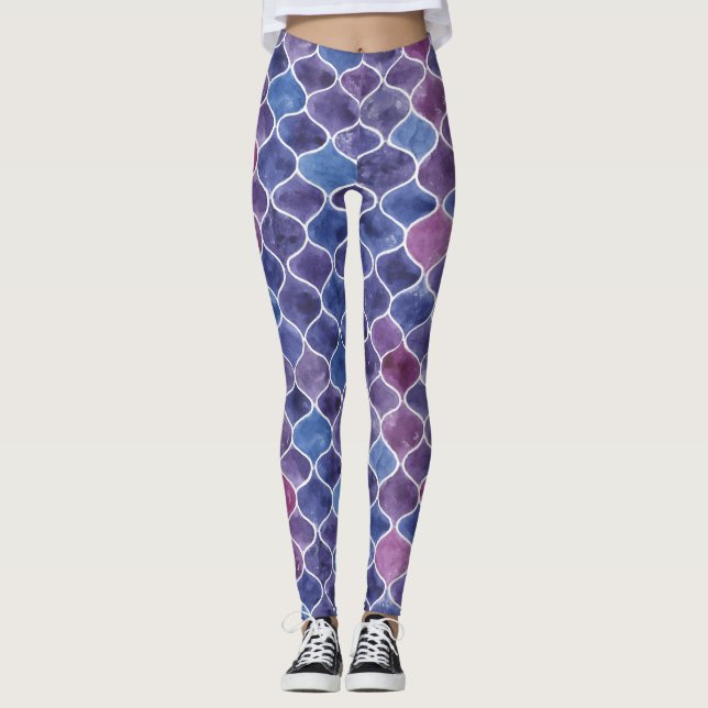 Seamless Watercolor Violet Floral Pattern Leggings (Front)