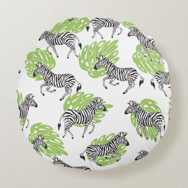 Seamless white pattern with zebras. illustration round pillow (Front)