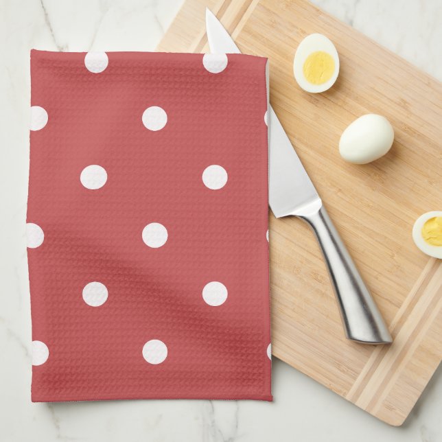 Seamless white polka dot pattern on red background kitchen towel (Quarter Fold)