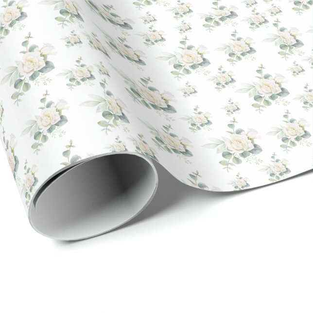 Seamless White Rose Flower with Eucalyptus Pattern Wrapping Paper (Roll Corner)