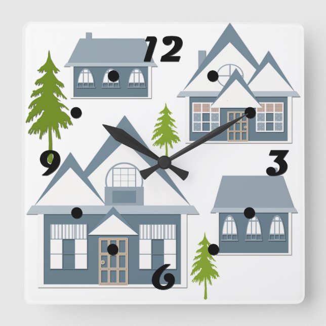 Seamless winter Merry Christmas landscape gray hou Square Wall Clock (Front)