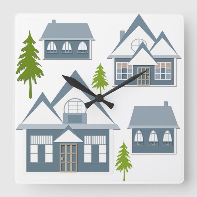 Seamless winter Merry Christmas landscape gray hou Square Wall Clock (Front)
