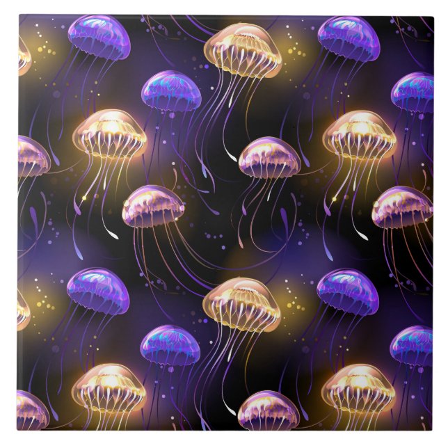 Seamless with glowing jellyfish ceramic tile (Front)