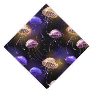 Seamless with glowing jellyfish graduation cap topper